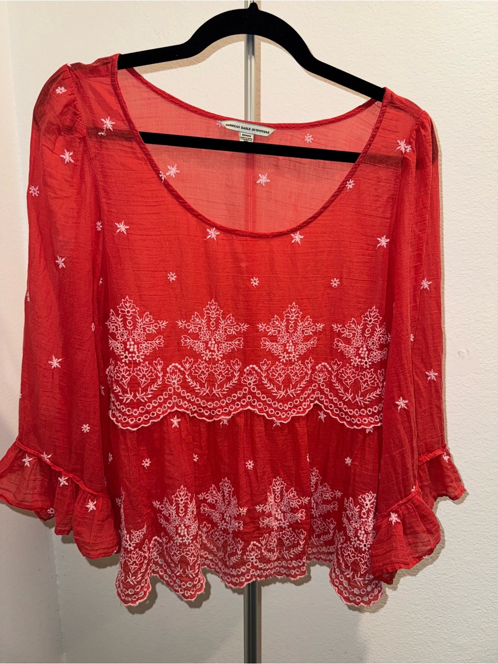 American Eagle Red Embroidered Peasant Beachy Boho Colorful 100% Cotton Sheer